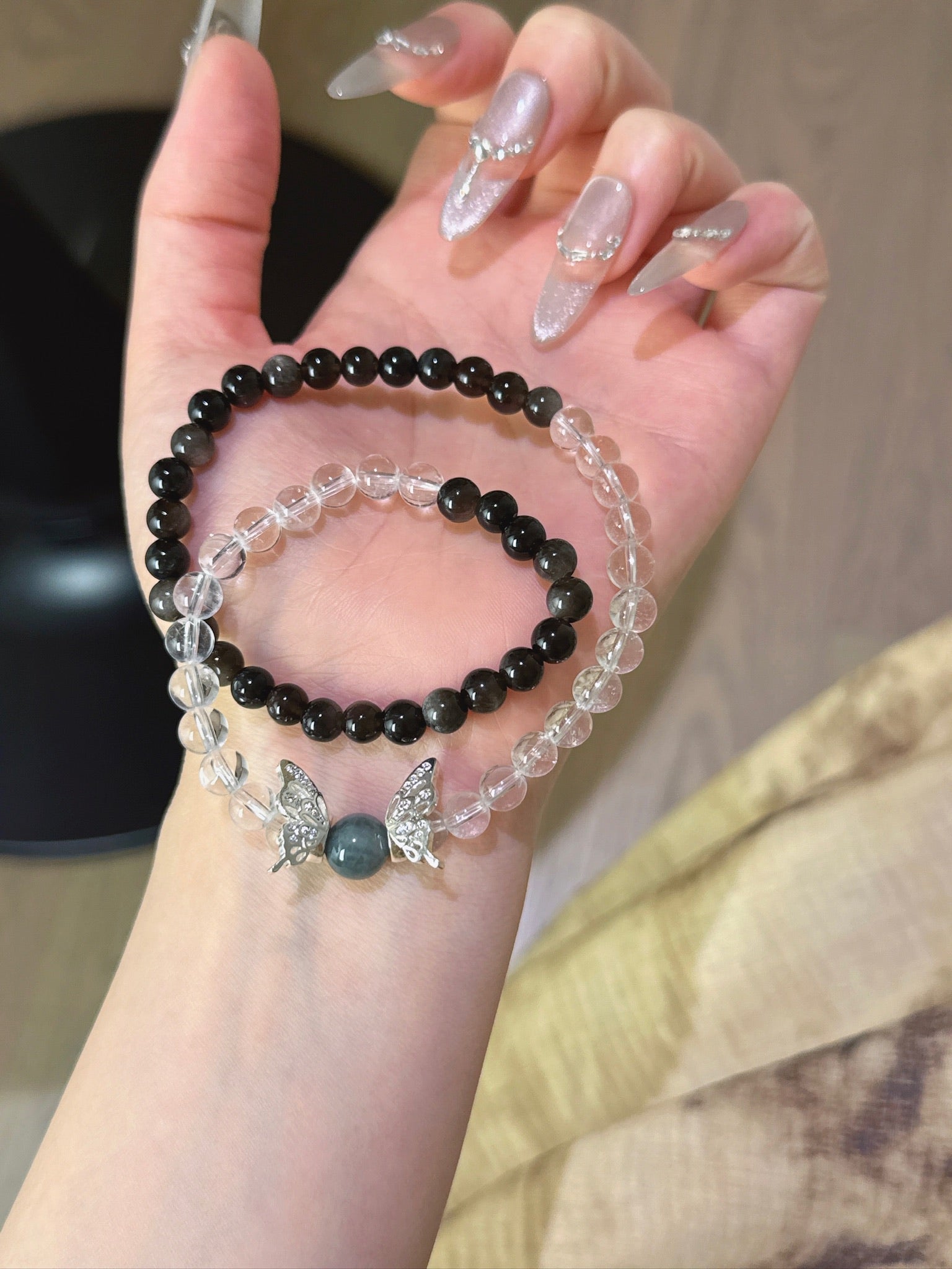 ▫️▪️ White crystal silver obsidian eagle eye stone bracelet